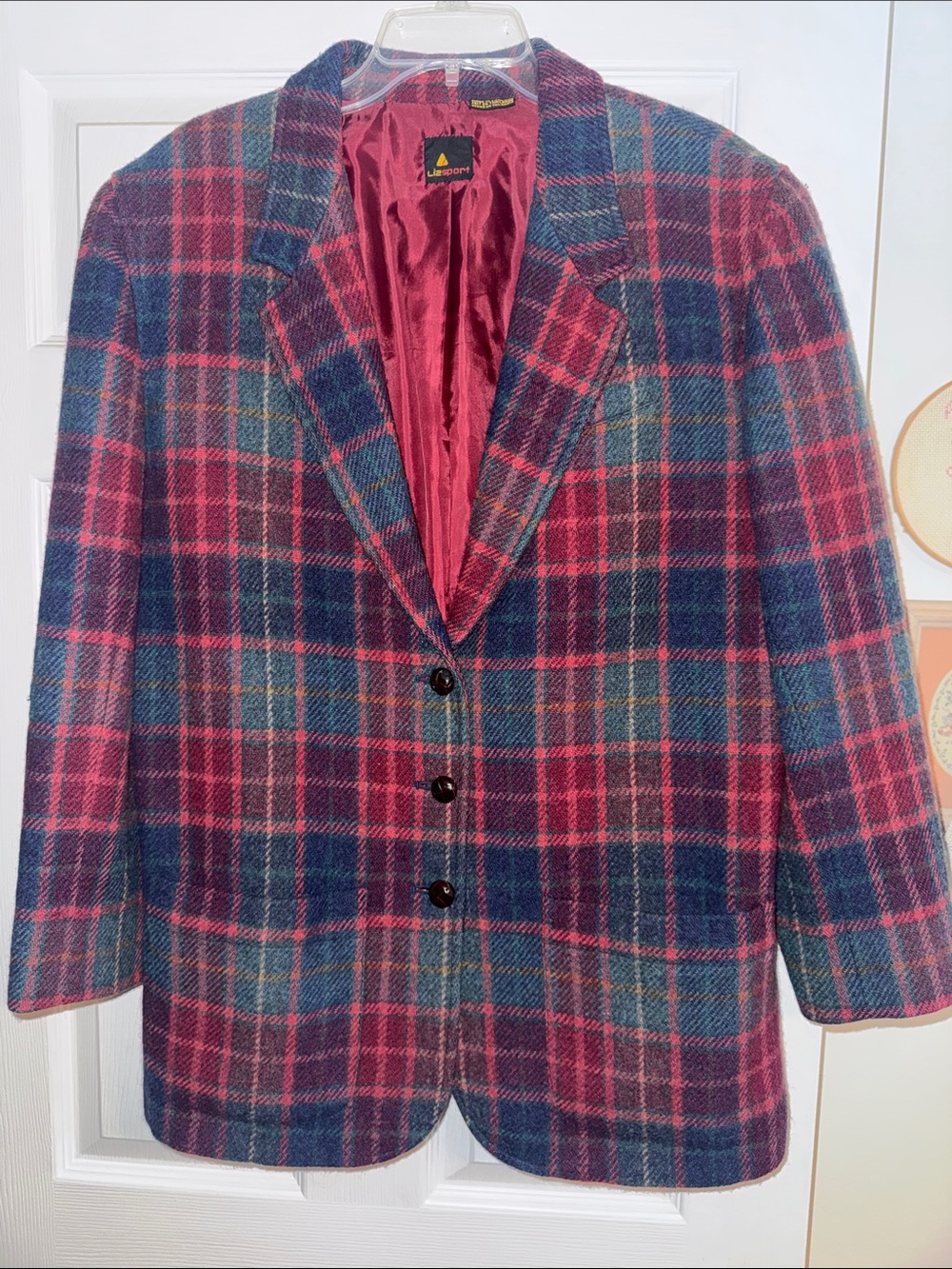 Women's Plaid Wool Blend Blazer Jacket - red & green